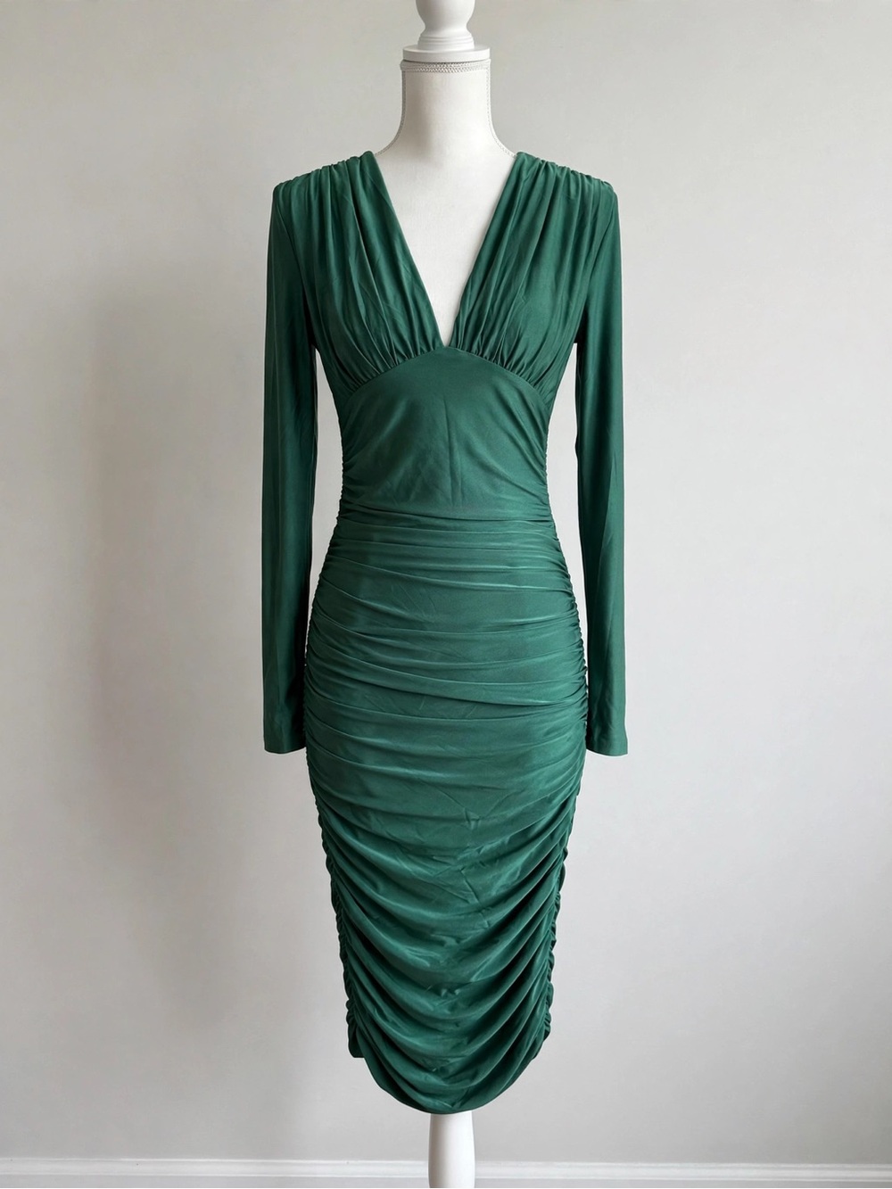 SHEIN Emerald Green V-Neck Long Sleeve Ruched Midi Dress